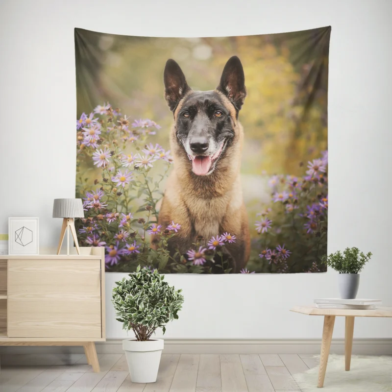 Depth Of Field Beauty with Purple Flower  Belgian Malinois Wall Tapestry