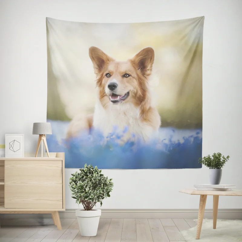 Depth of Field Blue Corgi Quartet Wall Tapestry