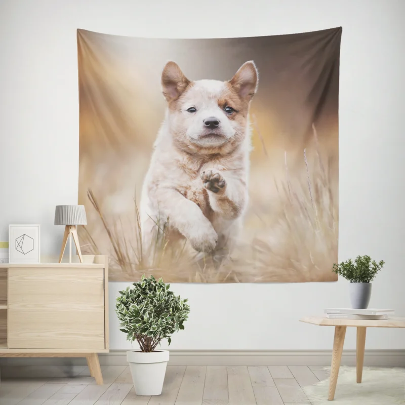 Depth of Field Puppy Play with the Akita Quartet Wall Tapestry