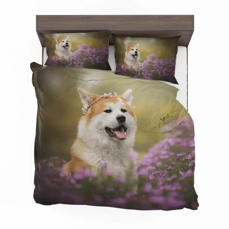 Depth of Field with Purple Blooms: Shiba Inu Quartet Bedding Set 1