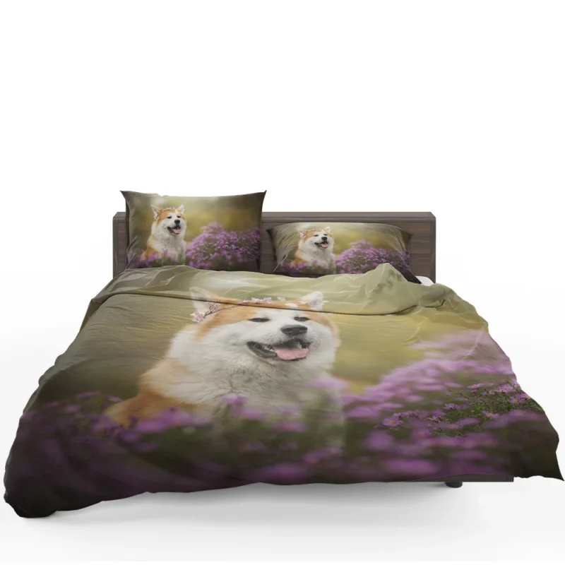 Depth of Field with Purple Blooms: Shiba Inu Quartet Bedding Set