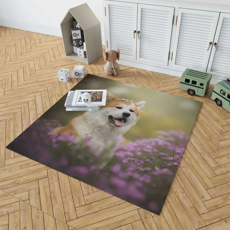 Depth of Field with Purple Blooms: Shiba Inu Quartet Floor Rug 1