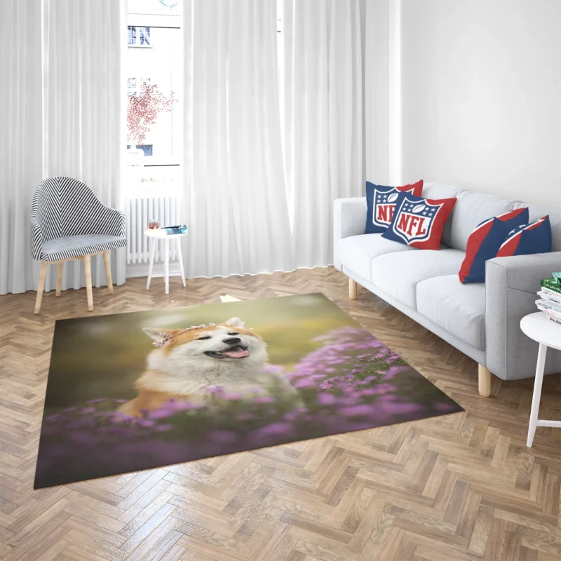 Depth of Field with Purple Blooms: Shiba Inu Quartet Floor Rug 2