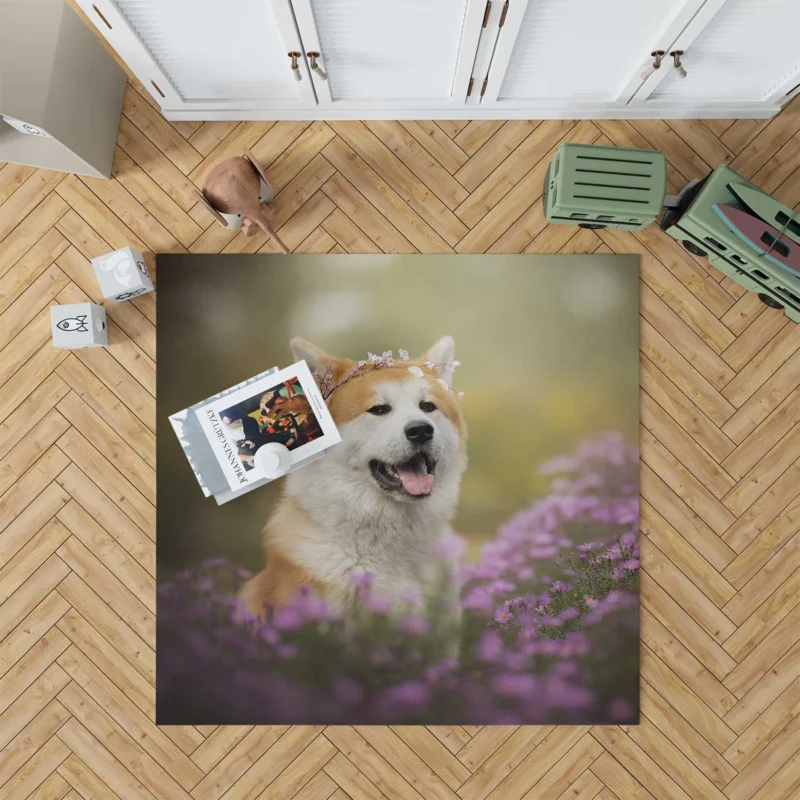 Depth of Field with Purple Blooms: Shiba Inu Quartet Floor Rug