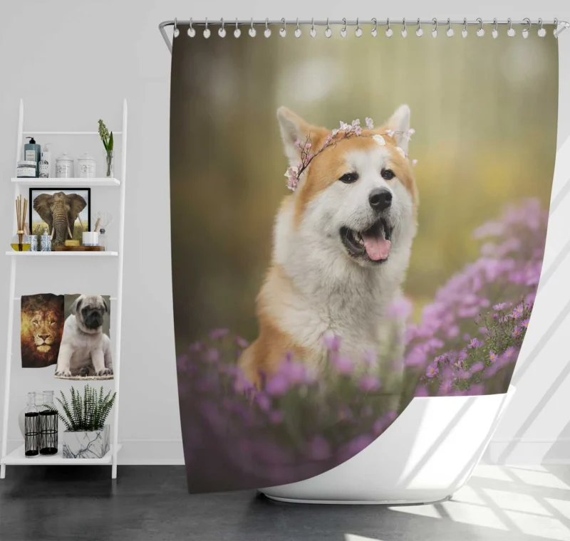 Depth of Field with Purple Blooms: Shiba Inu Quartet Shower Curtain