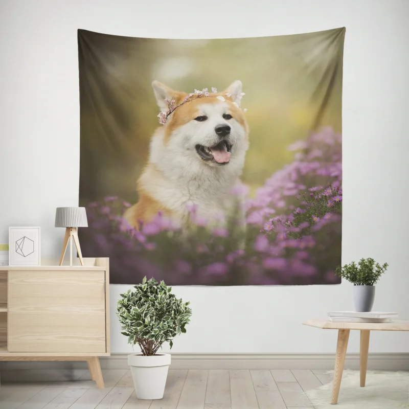 Depth of Field with Purple Blooms  Shiba Inu Quartet Wall Tapestry