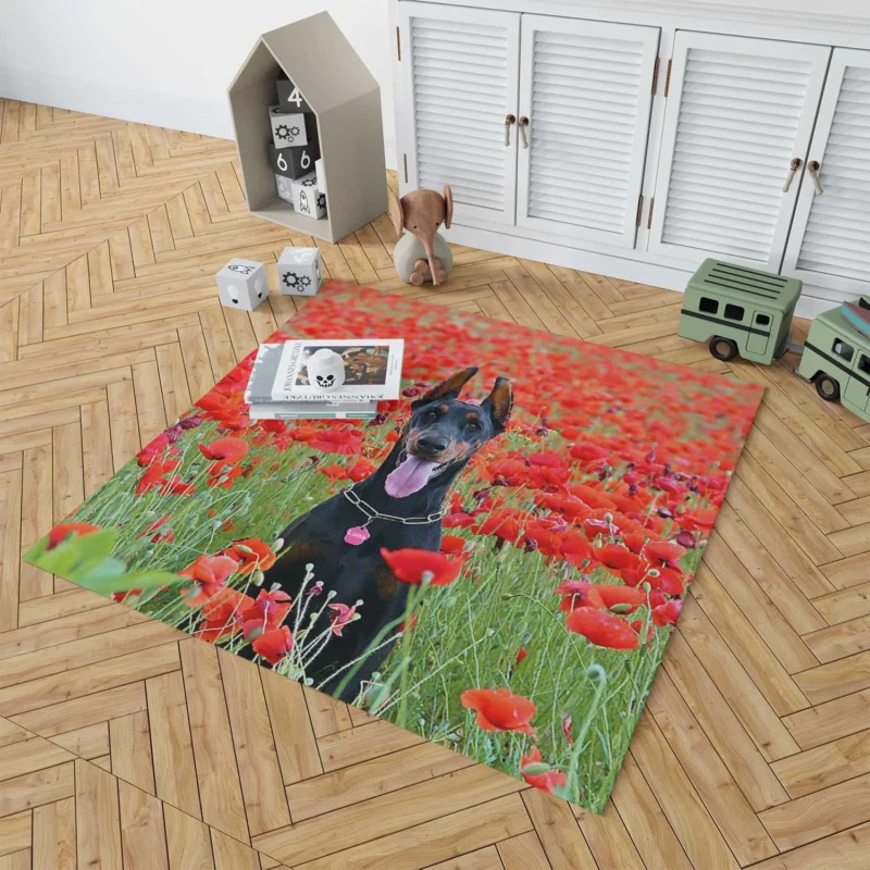 Doberman Puppies in a Poppy Field: Doberman Pinscher Quartet Floor Rug 1