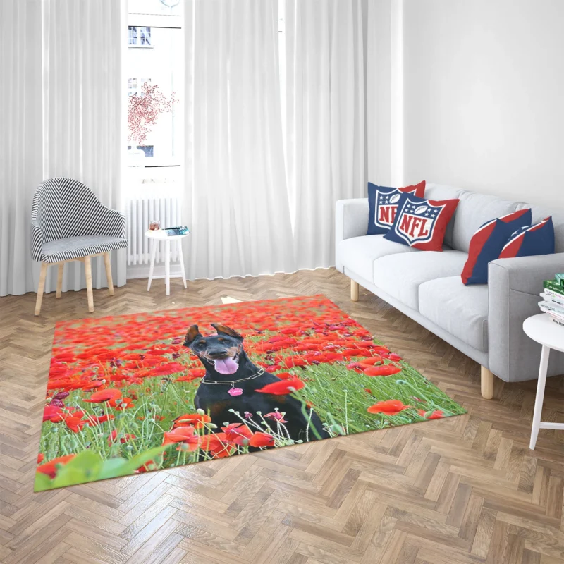 Doberman Puppies in a Poppy Field: Doberman Pinscher Quartet Floor Rug 2