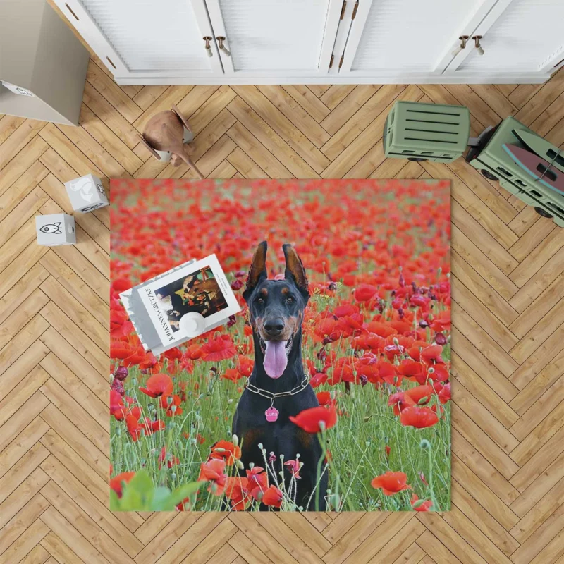 Doberman Puppies in a Poppy Field: Doberman Pinscher Quartet Floor Rug