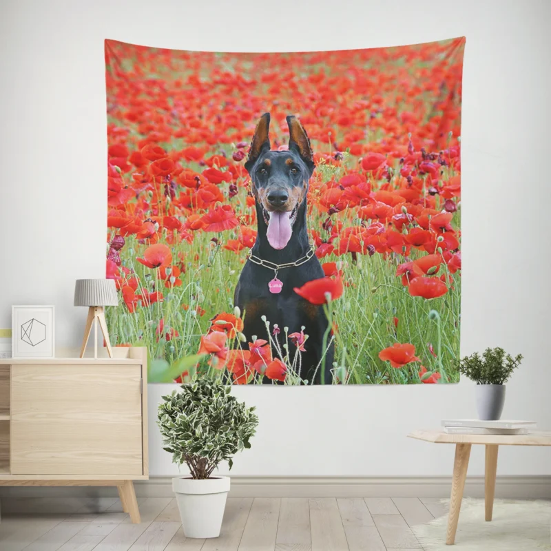 Doberman Puppies in a Poppy Field  Doberman Pinscher Quartet Wall Tapestry