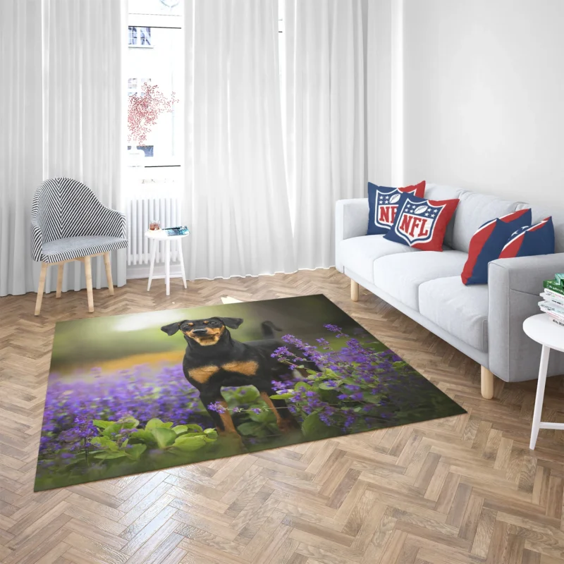 Doberman Puppies with Flowers and Depth of Field: Doberman Pinscher Quartet Floor Rug 2