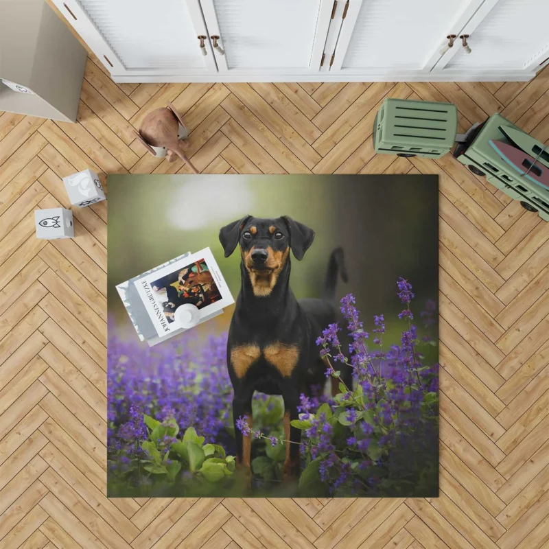 Doberman Puppies with Flowers and Depth of Field: Doberman Pinscher Quartet Floor Rug