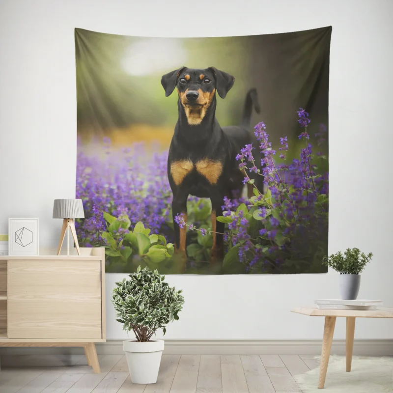 Doberman Puppies with Flowers and Depth of Field  Doberman Pinscher Quartet Wall Tapestry