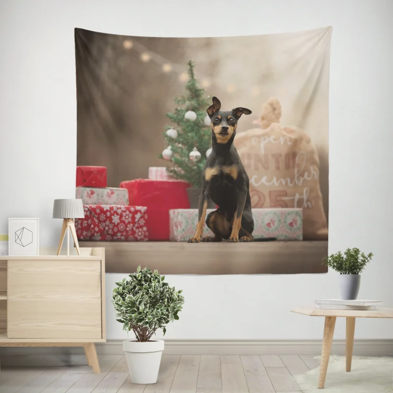 Doberman with Christmas Presents  Doberman Pinscher Quartet Wall Tapestry