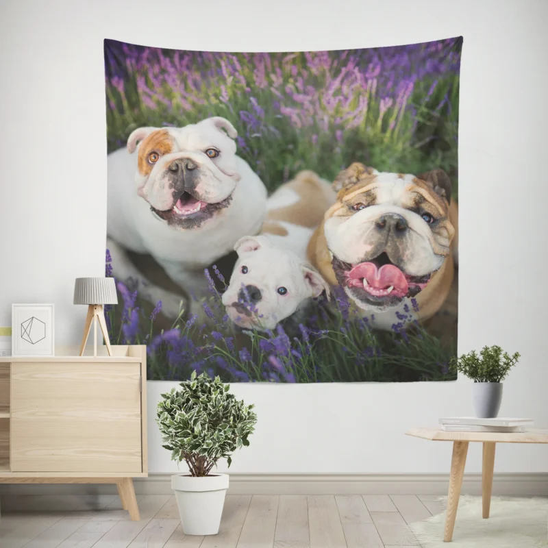 English Bulldog with Purple Flowers  English Bulldog Quartet Wall Tapestry