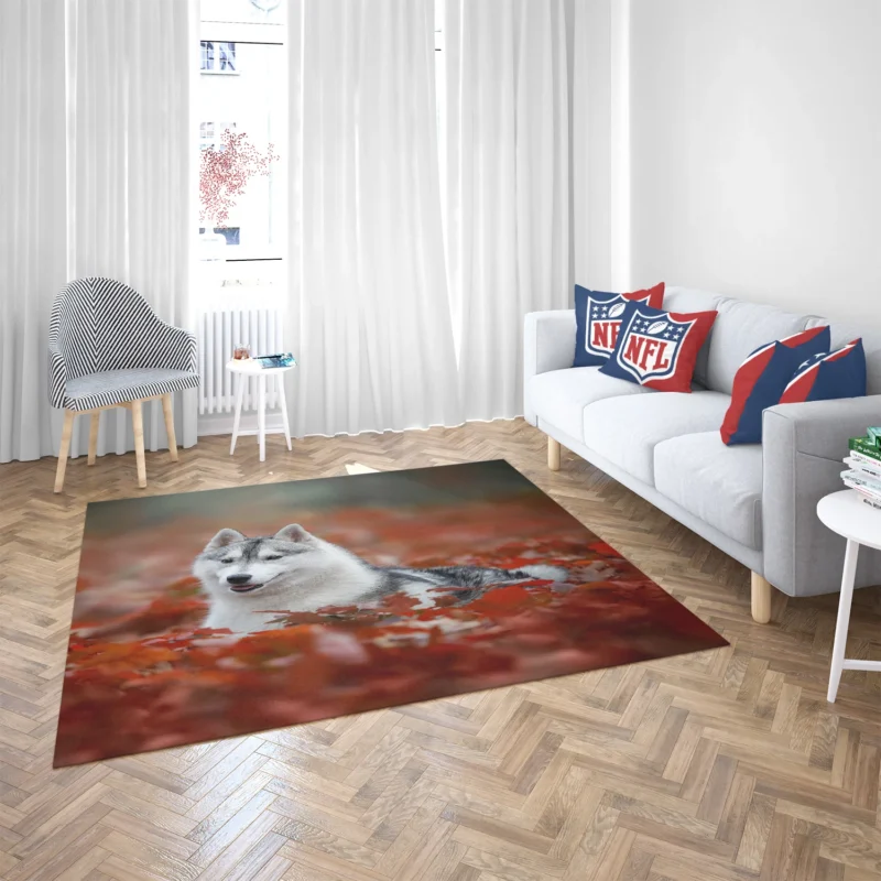 Ethereal Beauty: Husky Depth of Field Among Leaves Floor Rug 2