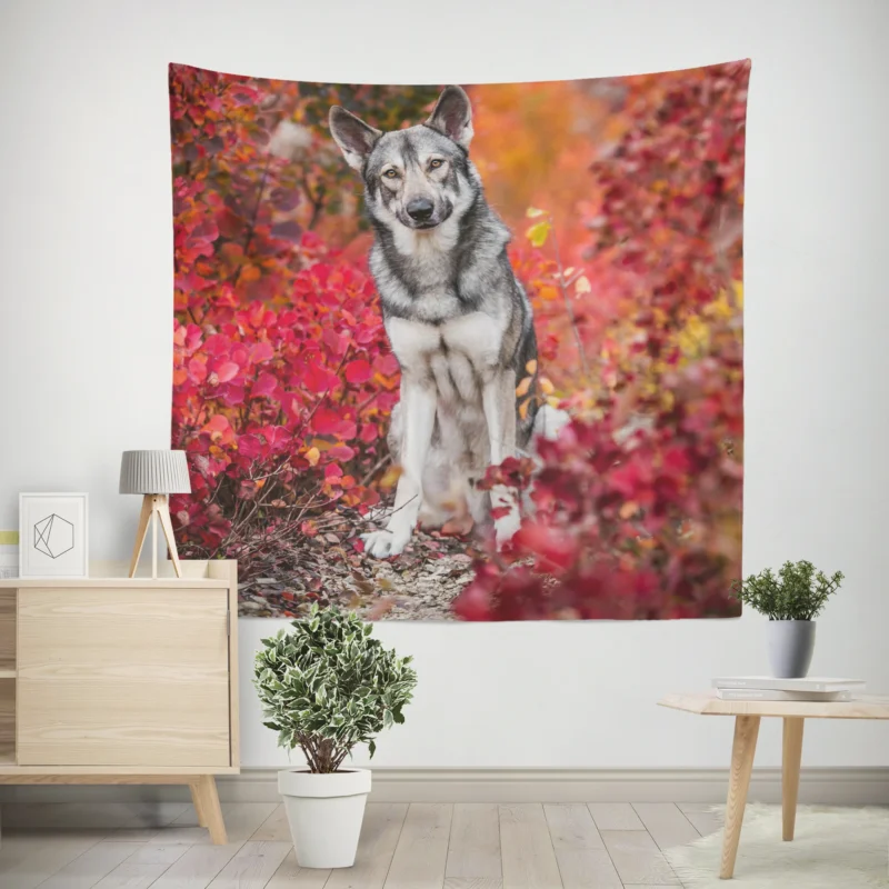 Fall Leafy Landscape  Wolfdog Quartet Wall Tapestry