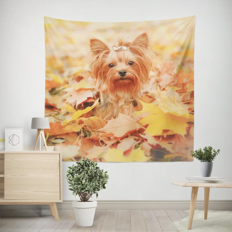 Fall Leafy Scene  Yorkshire Terrier Quartet Wall Tapestry