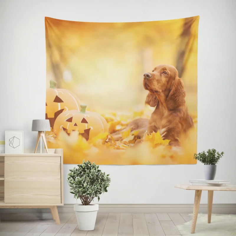 Fall Pumpkin Patch  English Cocker Spaniel Quartet Wall Tapestry