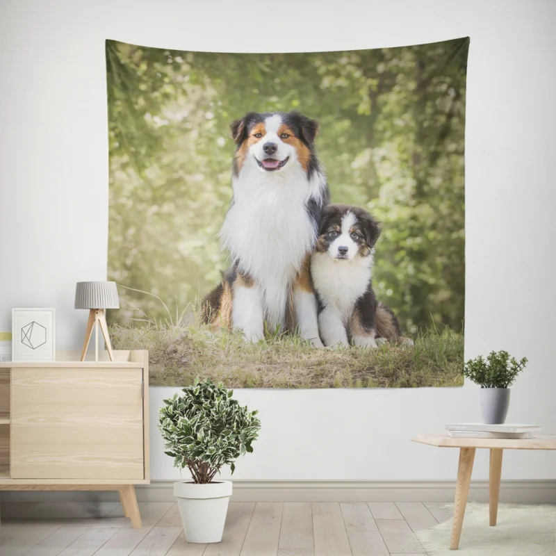 Father and Son Canine Love  Australian Shepherd Wall Tapestry