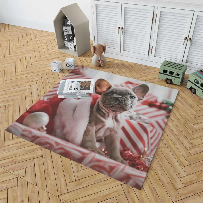 Festive French Bulldog with Santa Hat Floor Rug 1