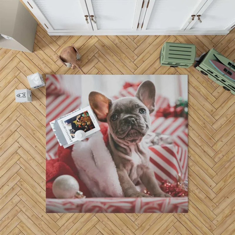 Festive French Bulldog with Santa Hat Floor Rug