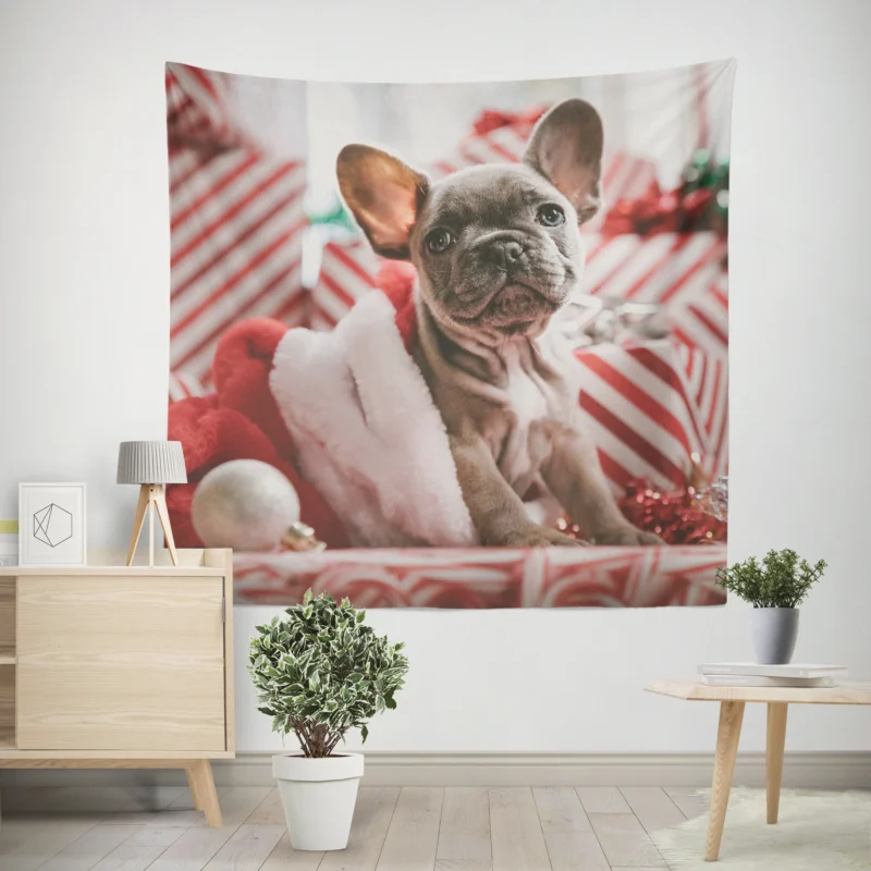 Festive French Bulldog with Santa Hat Wall Tapestry