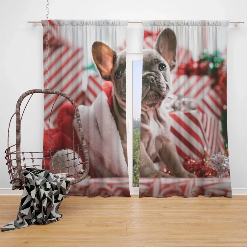 Festive French Bulldog with Santa Hat Window Curtain