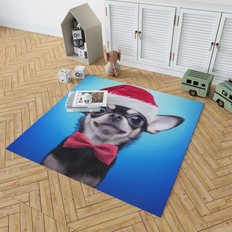 Festive Pup in Santa Hat and Bow Tie: Christmas Chihuahua Quartet Floor Rug 1