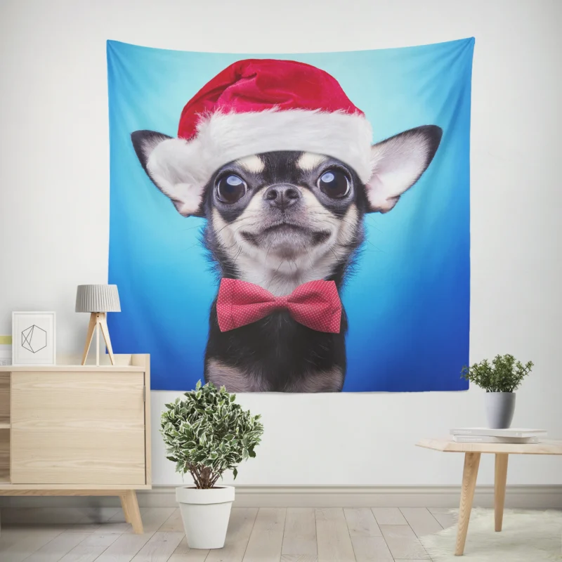 Festive Pup in Santa Hat and Bow Tie  Christmas Chihuahua Quartet Wall Tapestry