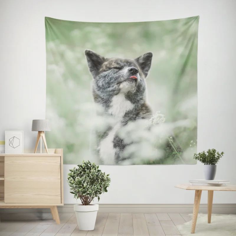 Floral Elegance in Fourfold  The Akita Quartet Wall Tapestry