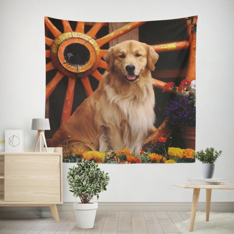 Floral Serenity  Golden Retriever Flowers Wall Tapestry