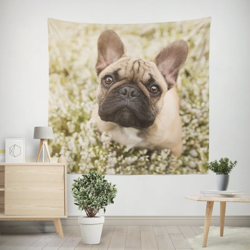 French Bulldog Floral Serenity  Among White Blooms Wall Tapestry