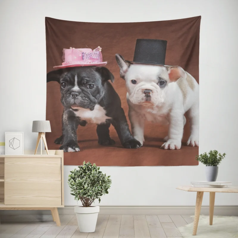 French Bulldog Puppies  Adorable Mr. and Mrs. Hats Wall Tapestry