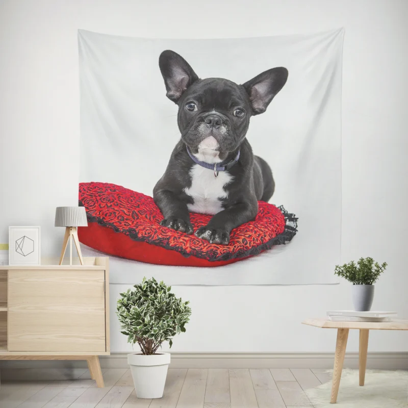 French Bulldog Rests  Cozy Comfort on a Cushion Wall Tapestry