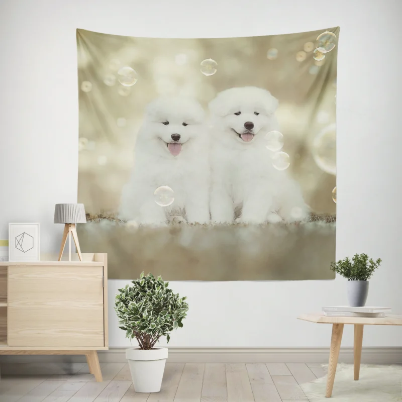 Friendly Charm  Samoyed Quartet Wall Tapestry