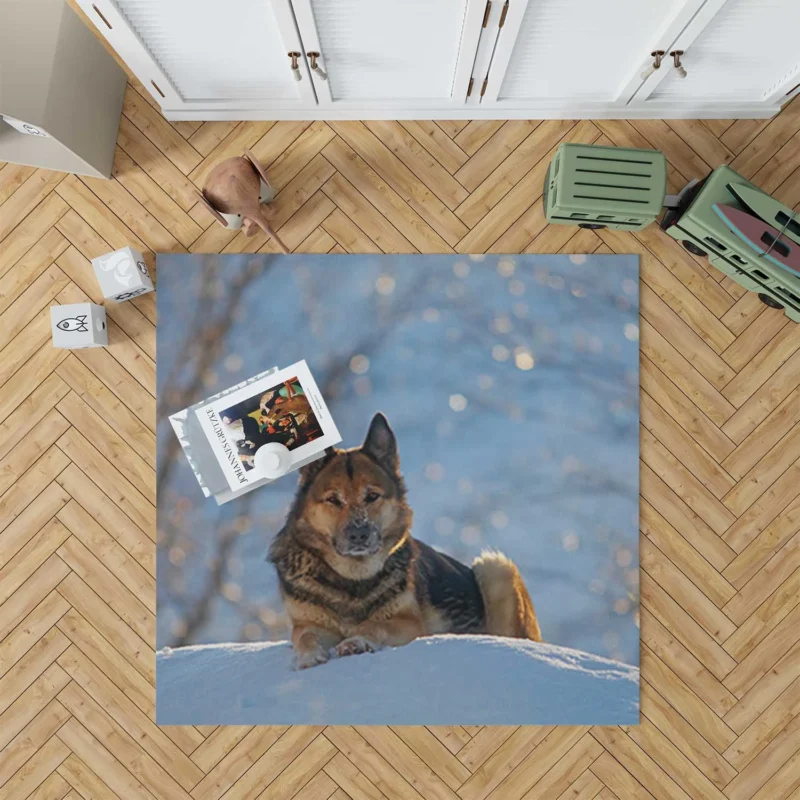 German Shepherd Snowscape: Mystical Winter Beauty Floor Rug