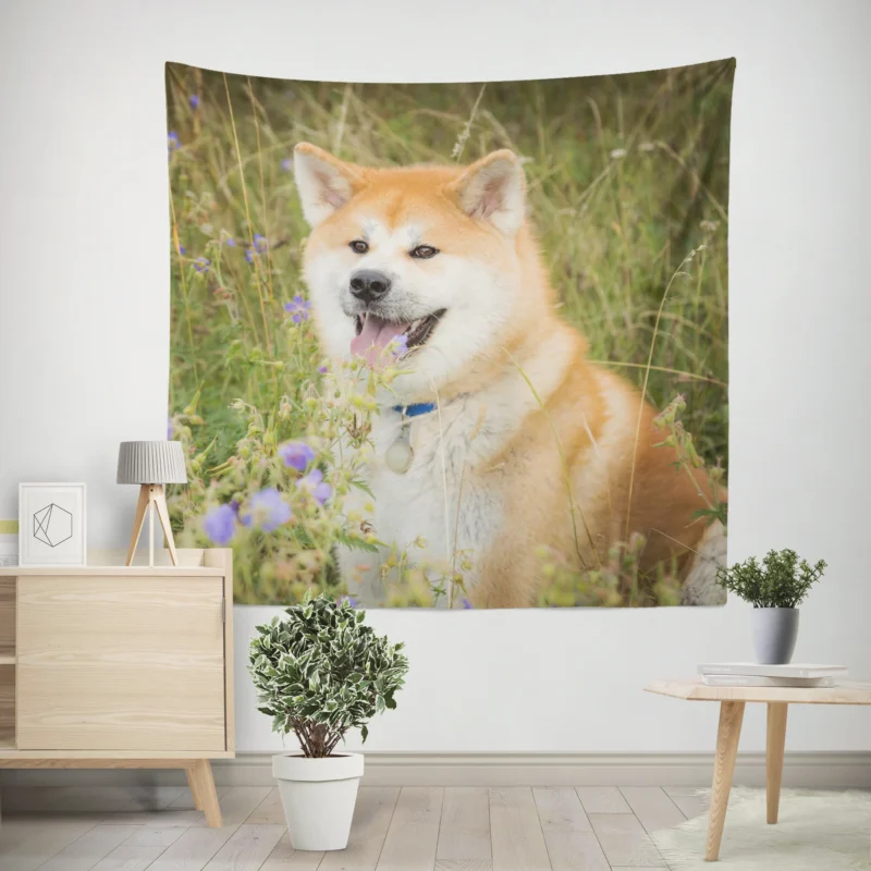 Graceful Amidst Flowers  The Akita Quartet Wall Tapestry