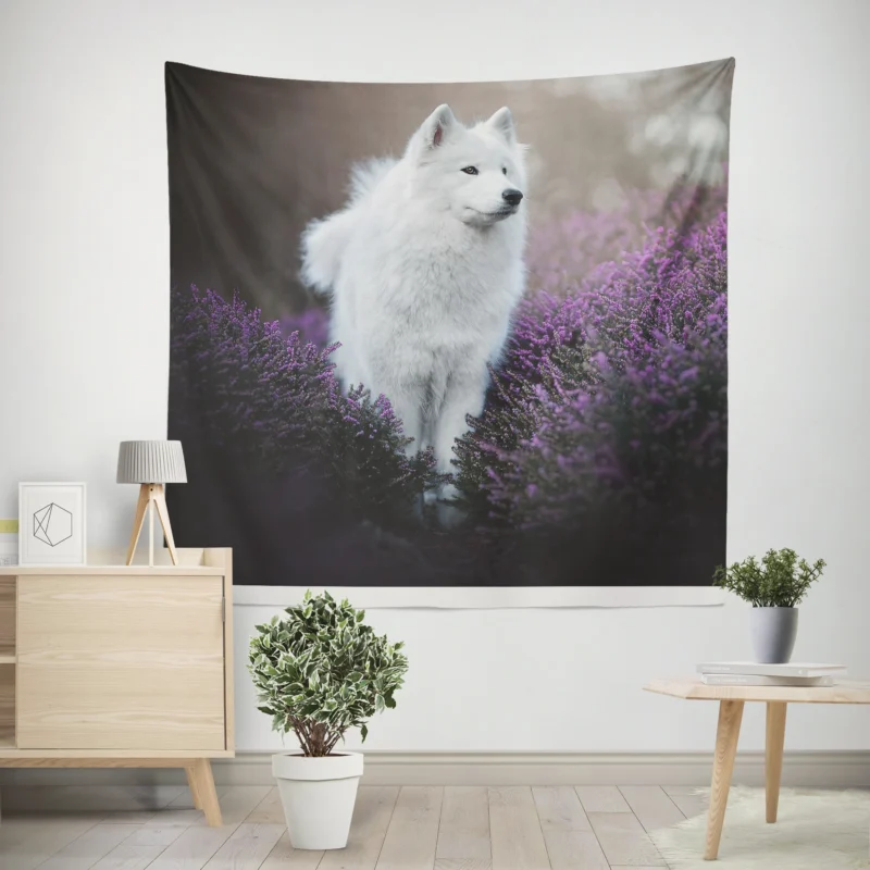 Heather and Purple Flowers  Samoyed Quartet Wall Tapestry