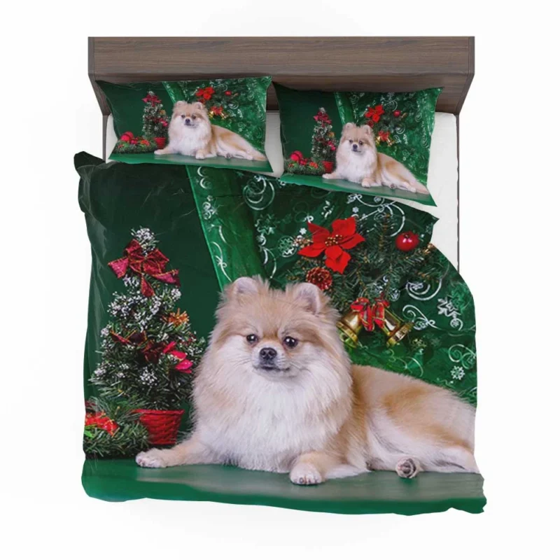 Holiday Greenery: Pomeranian Christmas Quartet Bedding Set 1