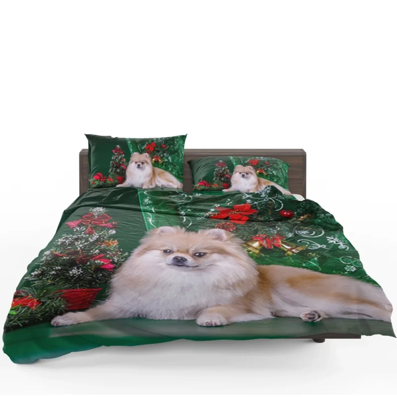 Holiday Greenery: Pomeranian Christmas Quartet Bedding Set