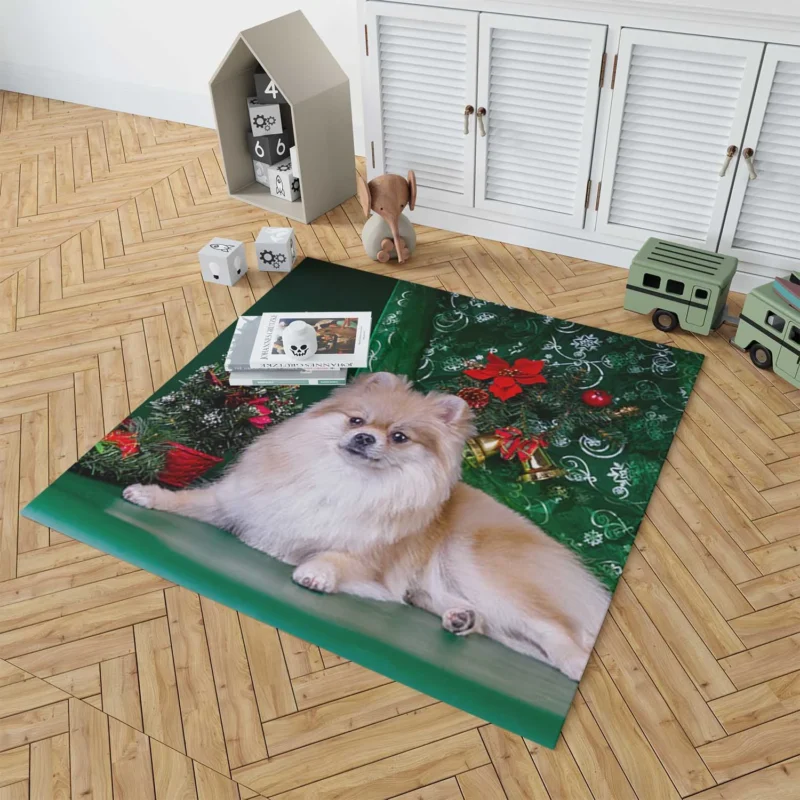 Holiday Greenery: Pomeranian Christmas Quartet Floor Rug 1