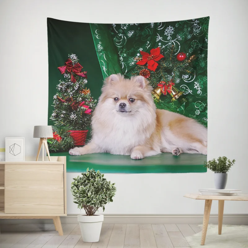 Holiday Greenery  Pomeranian Christmas Quartet Wall Tapestry