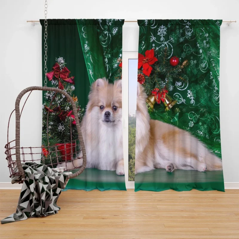 Holiday Greenery: Pomeranian Christmas Quartet Window Curtain