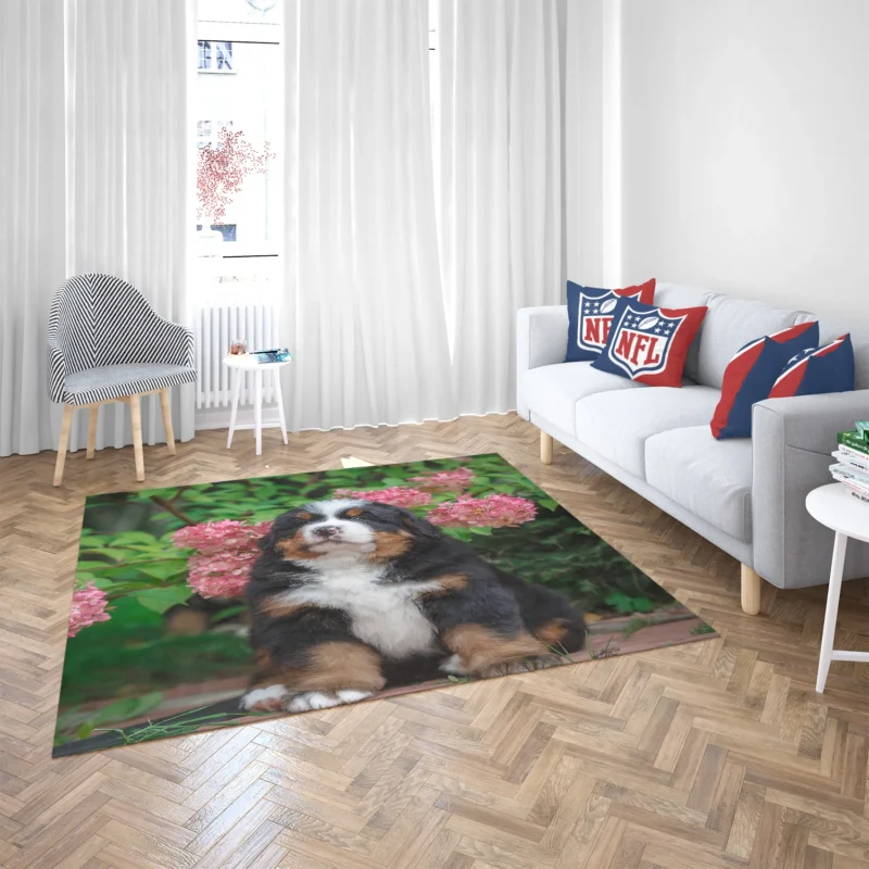 Hydrangea Flower Beauty with Bernese Ba and Puppy: Bernese Mountain Dog Floor Rug 2