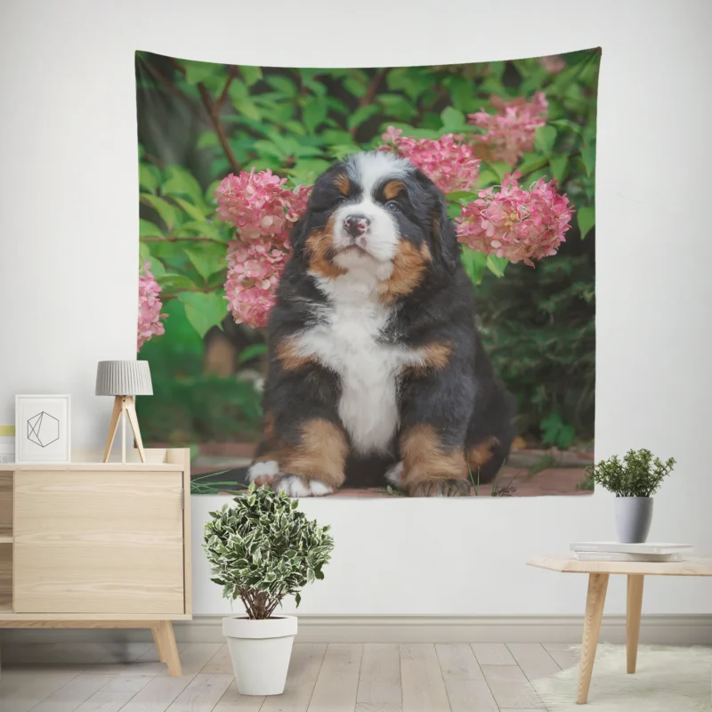 Hydrangea Flower Beauty with Bernese Ba and Puppy  Bernese Mountain Dog Wall Tapestry