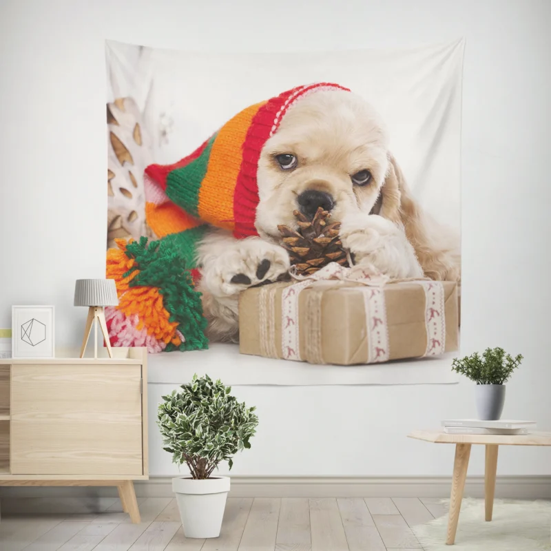 Joyful Puppies Wrapped in Cocker Spaniel Quartet Wall Tapestry