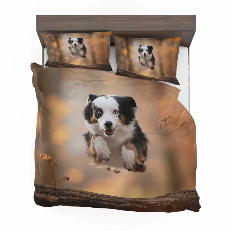 Jumping Canine over a Log with Depth Of Field: Australian Shepherd Bedding Set 1