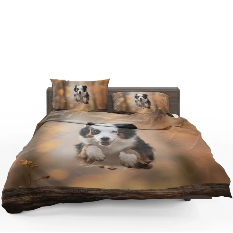 Jumping Canine over a Log with Depth Of Field: Australian Shepherd Bedding Set