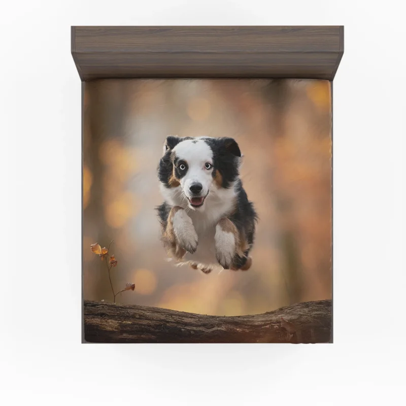Jumping Canine over a Log with Depth Of Field: Australian Shepherd Fitted Sheet